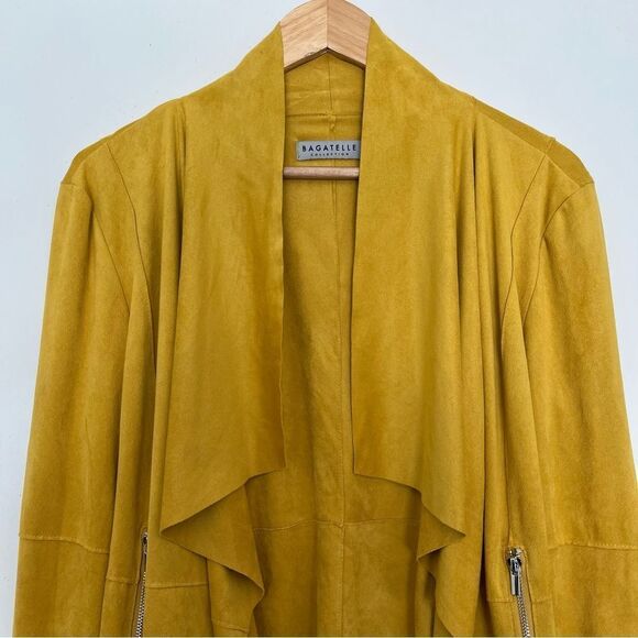 Bagatelle Faux Suede Jacket Open Drape Front Moto Blazer Mustard Yellow Large - Picture 2 of 11